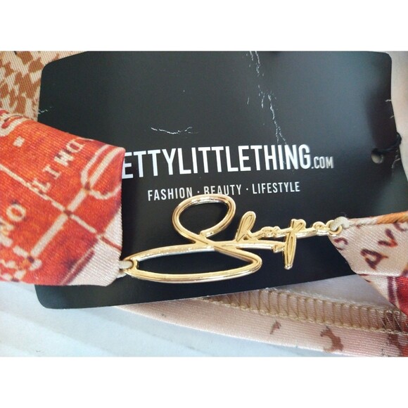 NWT Pretty Little Thing Bikini Top 10 Bottom 8 orange newspaper print ruched tie - Picture 9 of 12